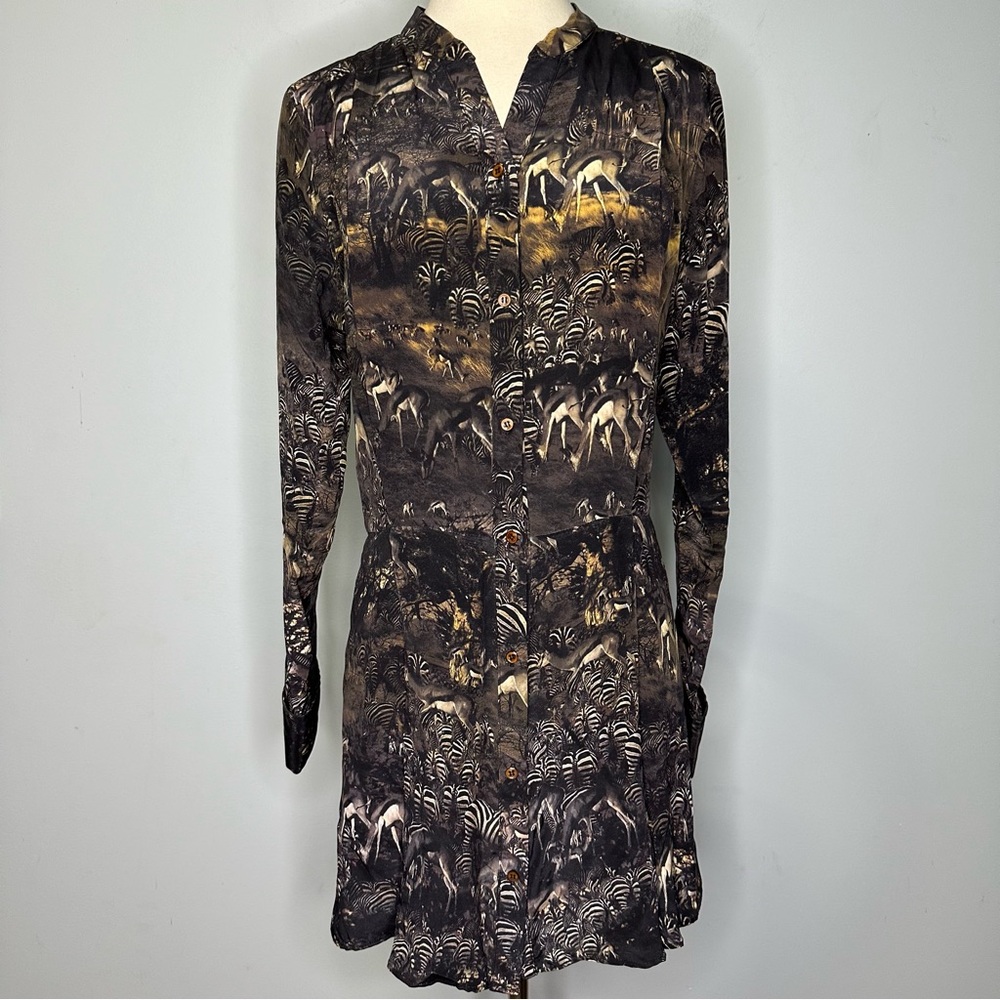 Edun Women’s Long Sleeve Silk Mini Shirt Dress In Jungle Zebra Animal Print M